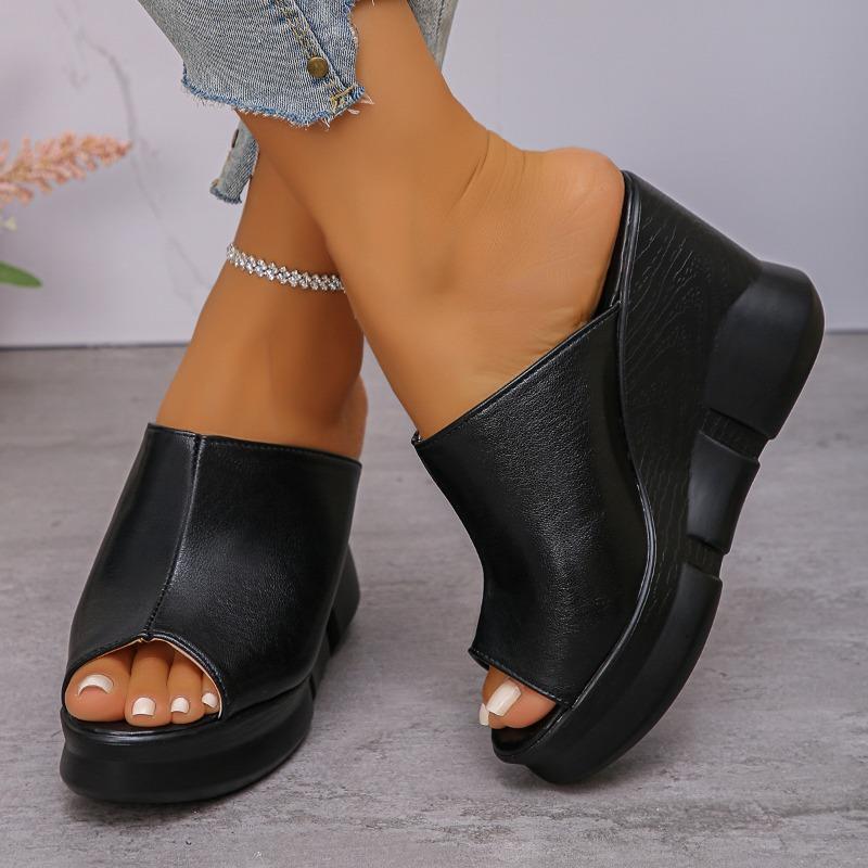 Fashion Super High Heel Fish Mouth Slippers Summer New Round Toe Open Toe Platform Anti-slip Wear-resistant Wedge Heels