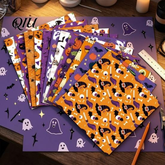 Halloween Collage Paper 12 Sheets Scrapbook Set, 6x6in Double-Sided Craft Paper, Pumpkin Ghost Bat Pattern Decorative for Journal, Card Making,