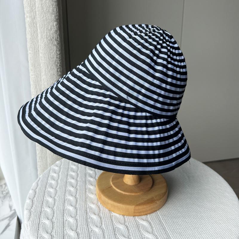Foldable summer striped bucket hat women's new long sunscreen hat fashion basin hat big head circumference sun hat