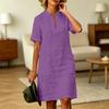 Women Short Sleeve V Neck Pocket Casual Loose Fit Dress Soft Fabric Design Comfortable Everyday Wear