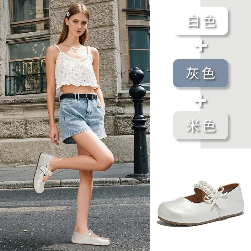 Leather Bow Mary Jane Women's Shoes Autumn New Light Mouth Pearl Velcro Single Shoes Versatile Small Leather Shoes