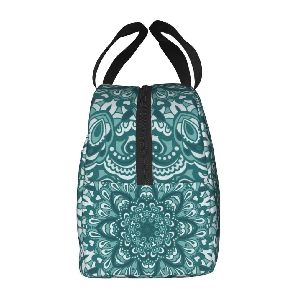 Cyan Boho Mandala Floral Print Lunch Bags Insulated Bento Box Lunch Tote Leakproof Picnic Bags Thermal Bag for Woman Girl School