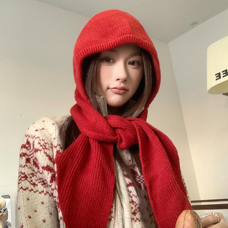 Balaclava Feminino de Alto Padrão à Prova de Vento e Quente Proteção para Orelhas Chapéu de Lã Lenço Integrado Chapéu de Tricô