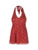 Red floral backless v-neck neck dress women's summer slim chiffon skirt design waist a-word short skirt