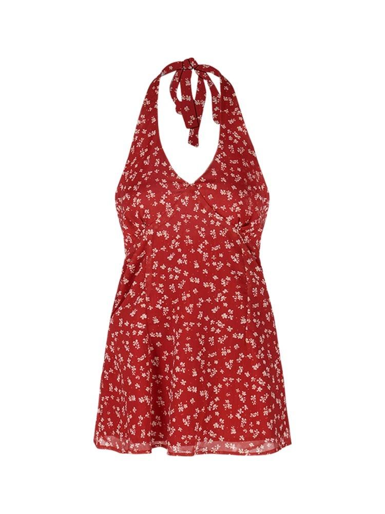 Red floral backless v-neck neck dress women's summer slim chiffon skirt design waist a-word short skirt