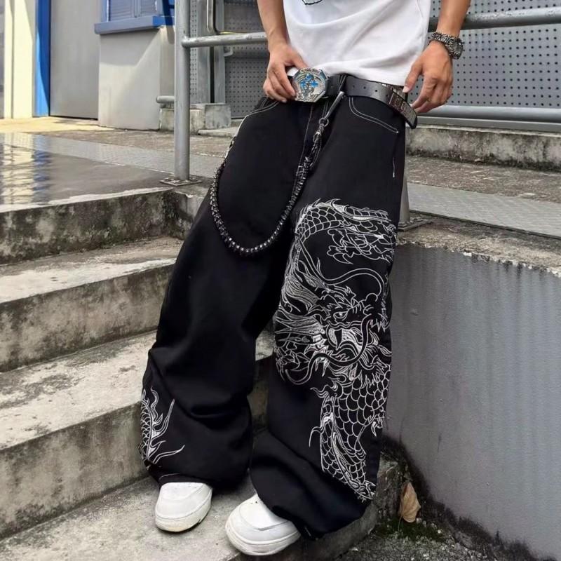 Mens High-Waisted Straight Leg Denim Jeans 2026 Vintage Dragon Tiger Print Casual Wear