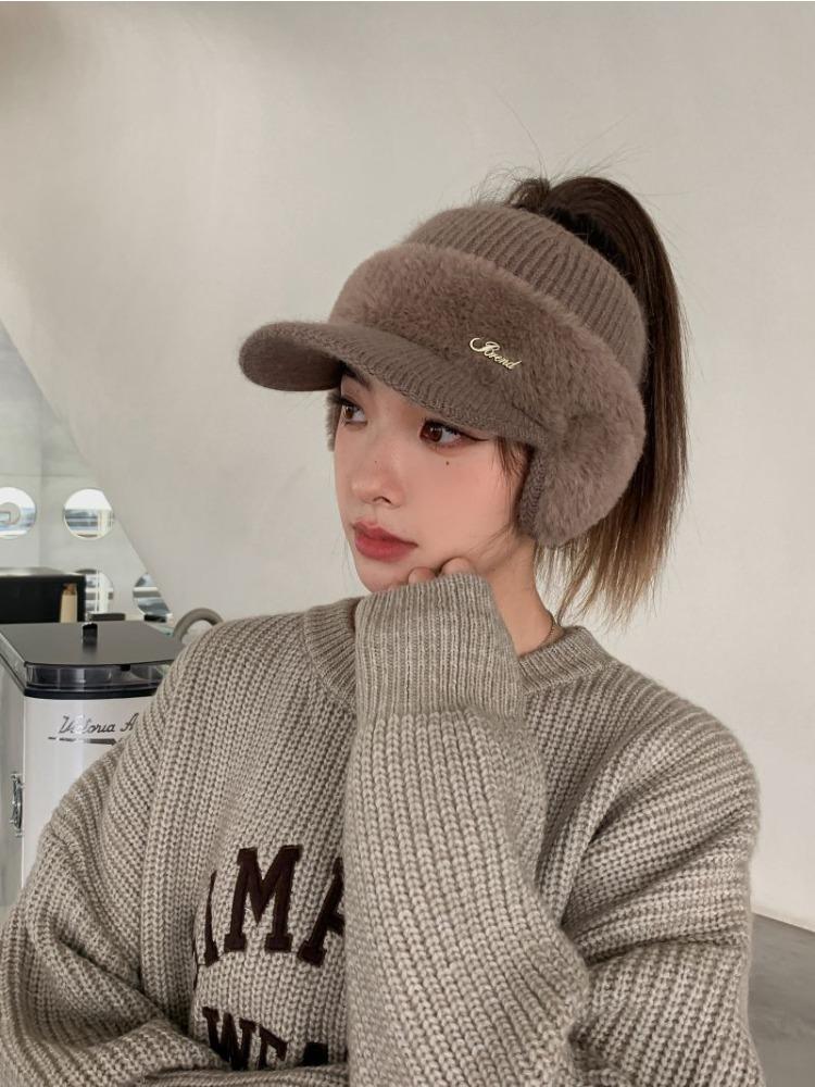 Warm Empty Top Hat Women's Autumn and Winter Ponytail Knitted Baseball Cap Thickened Outdoor Riding Cold Ear Protection Cap