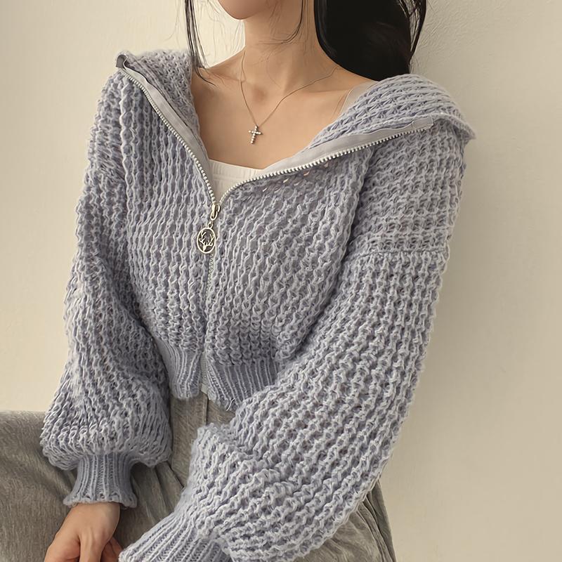 Autumn and Winter Knitted Cardigan Women Hooded Short Sweater Jacket Casual Loose Zipper Office Short Tops Hollow Out Fashion Elegant Office Clothing