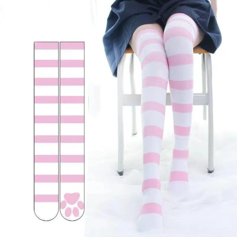 Lolita Gotico Velluto Sopra il Ginocchio Coscia Alta JK Calze Lunghe Lolita Calze Sopra il Ginocchio Striscia Stampa Zampa di Gatto Calze