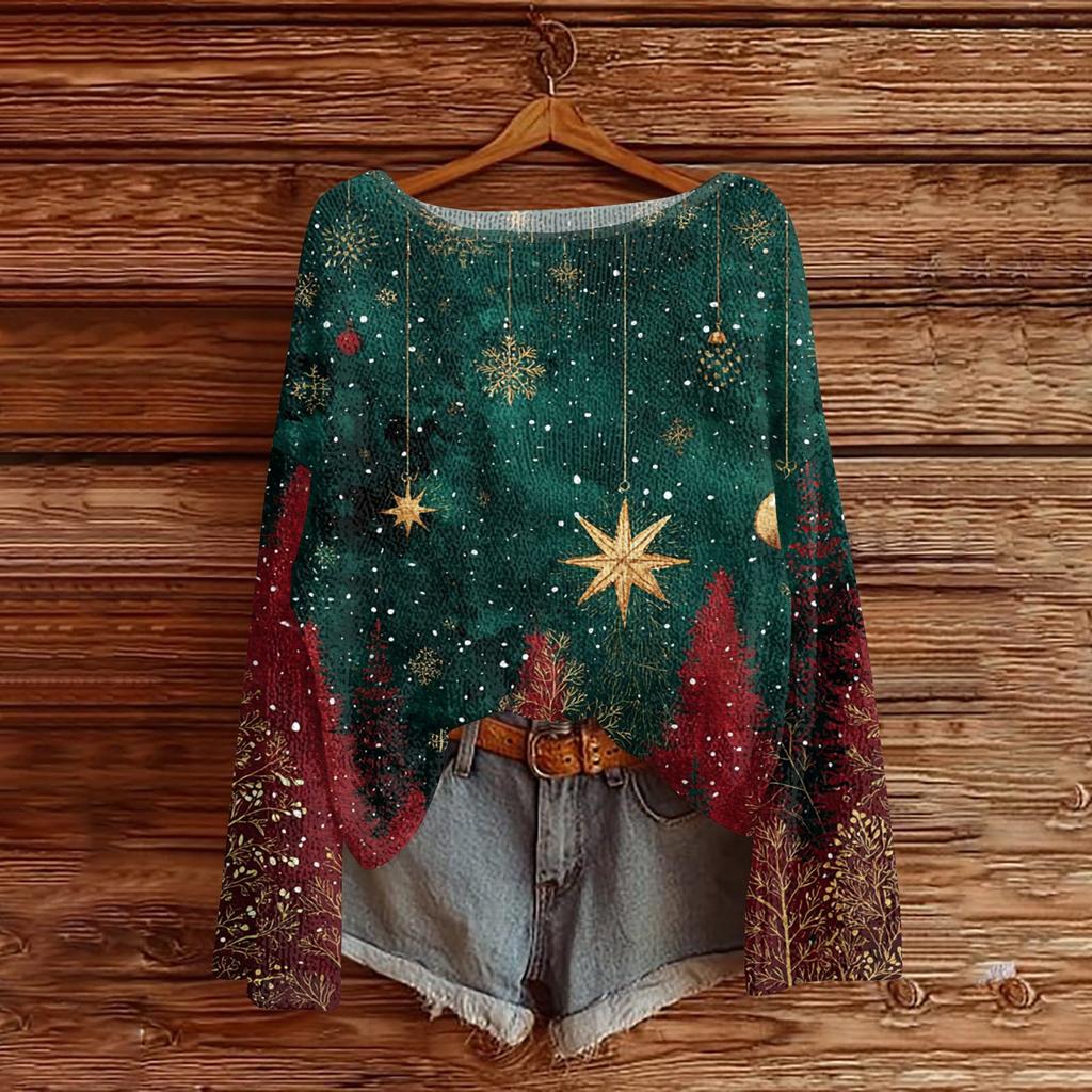 Women's Round Neck Lightweight Sweater Casual Long Sleeve Christmas Print Knit Pullover.