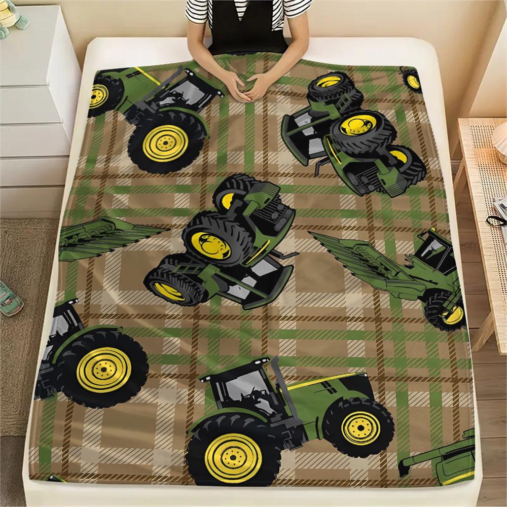 1Pc John Green Tractor Print Flannel Blanket, High Quality Comfortable for All Seasons, Home Decor, Warmth and Comfort, Perfect for Christmas Gifts