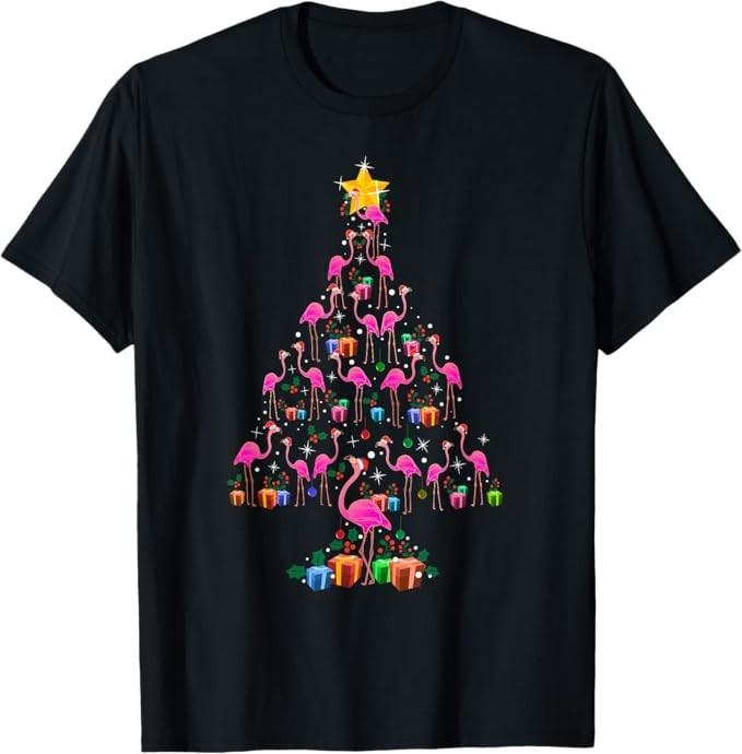 

Pink Flamingo Christmas Tree Cute Flamingos Holiday Decor T-Shirt M