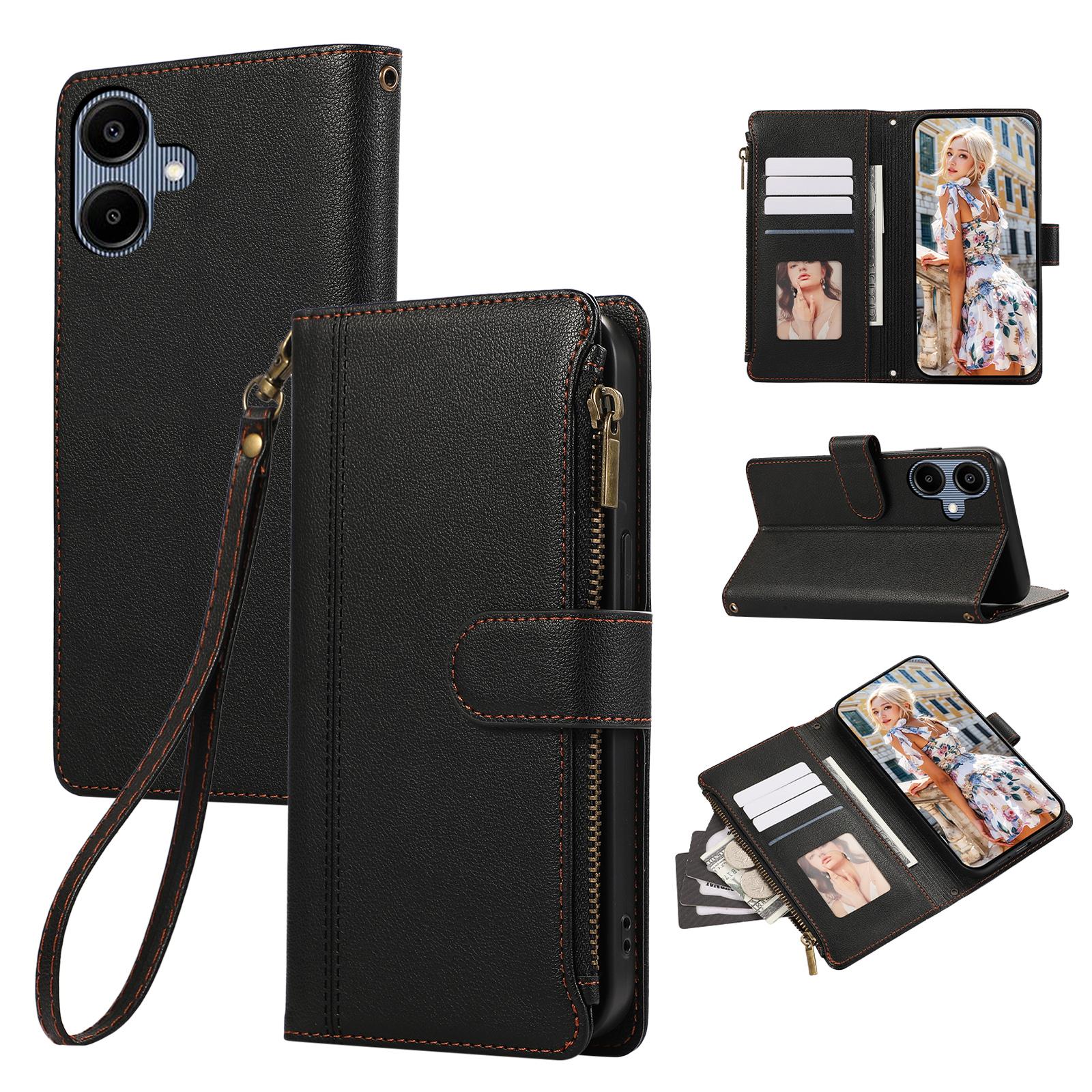 

For Samsung Galaxy A05 4G Case Multi Card Slots Zipper Leather Phone Cover with Wrist Strap Black