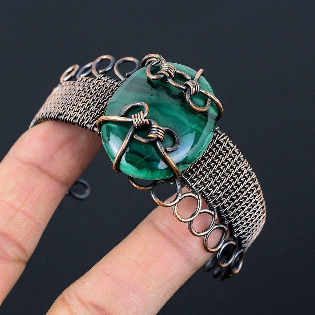Fancy Malachite Gemstone Pure Copper Wire Wrapped Handmade Cuff/ Bangle Jewelry