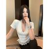 Niche design front shoulder V-neck lace splicing pleated slim fit inside summer new pure desire sweet Spice Girl style top