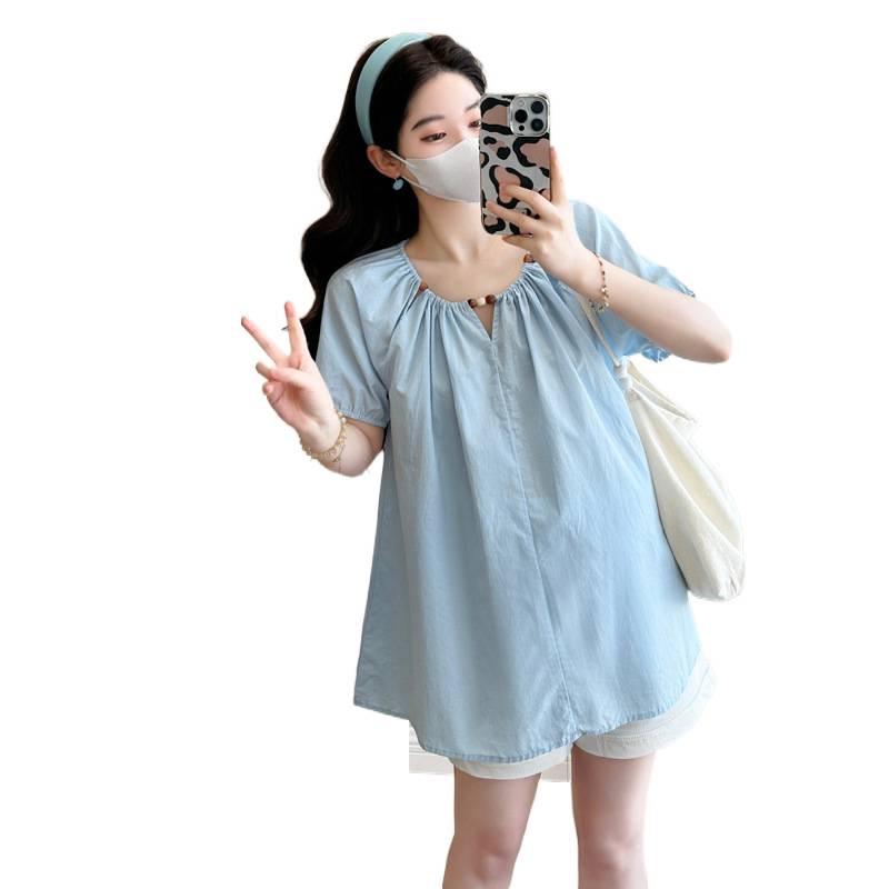 2026 Summer Maternity French Doll Shirt Top & Belly Support Shorts Set