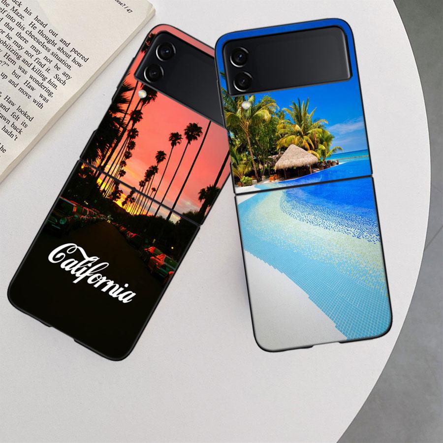 Sea Tropical Palm Trees Beach Case for Samsung Galaxy Z Flip 6 Flip 5 4 3 5G Black Cell Phone Cover Samsung Z Flip 5 5G Luxur