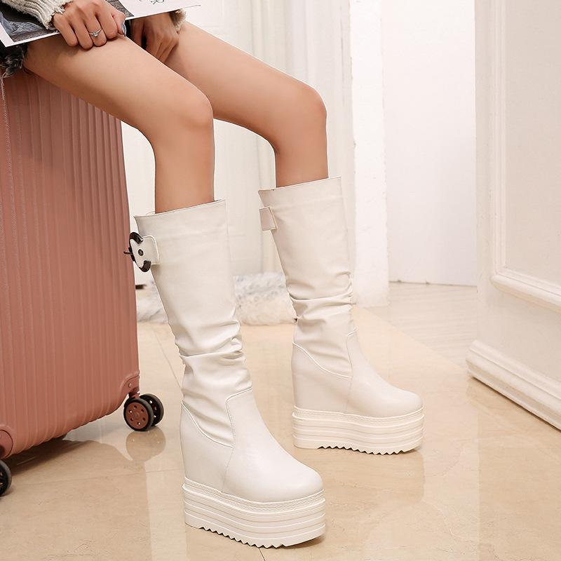 2025 13CM Höhenverlängernde Damen High Heels Schwarz Weiß Mittelhohe Dicke Sohle Dünne Hohe Stiefel ZYW-559-16