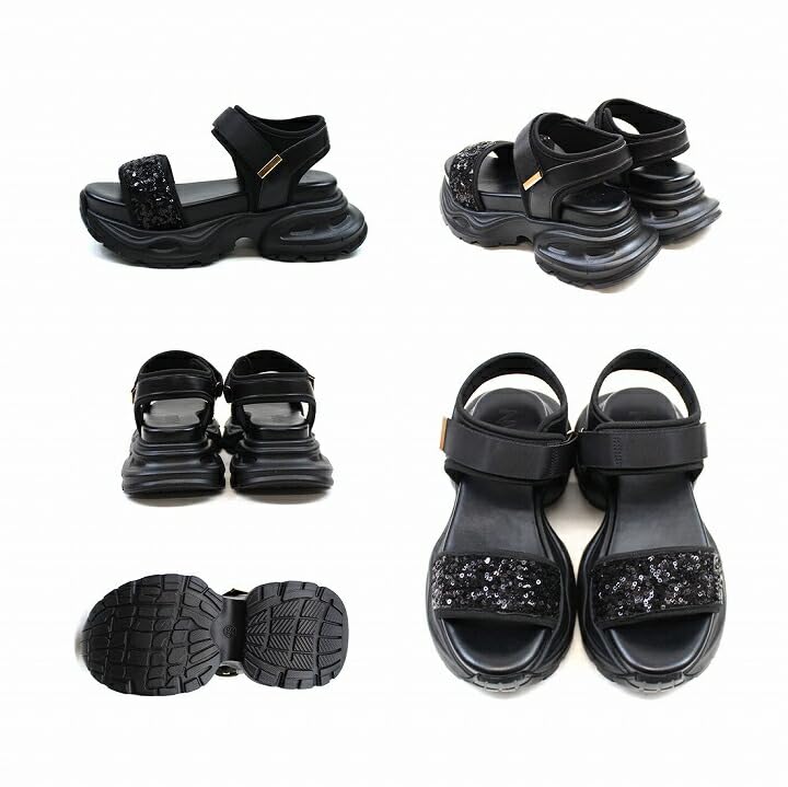 Vivian Women's Platform Sports Sandals with Sequins, Ankle Strap, and Velcro Closure, Black, Size S (22.0-22.5cm), V36001SM