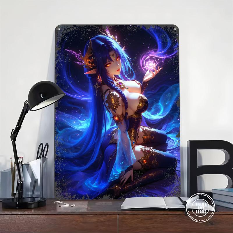 Anime Elf With Magic Printed Poster Customized Wall Art Retro Vintage Metal Tin Signs for Gaming Room Decoration Cozy Desk Decor