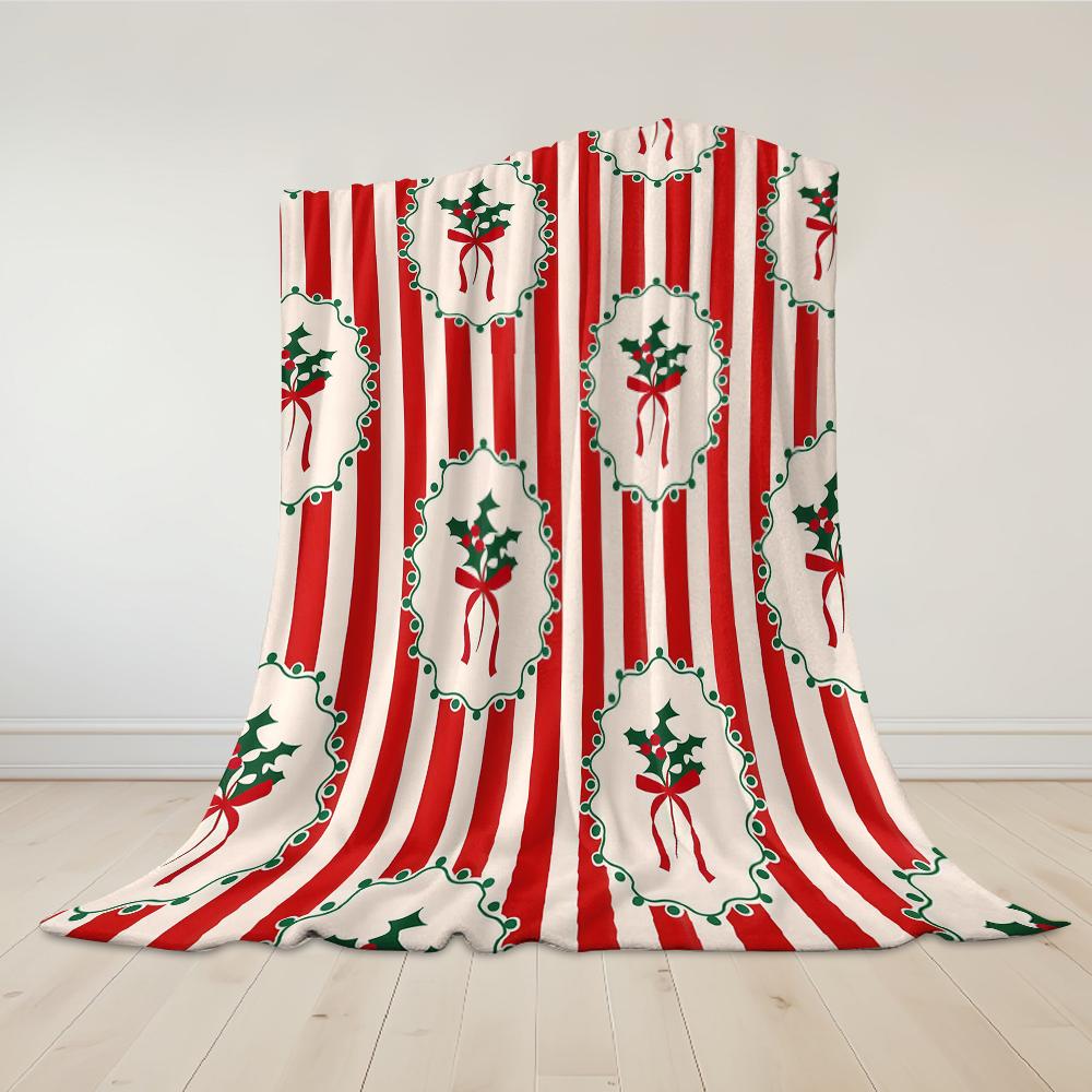 Christmas Holly Red White Stripes Flannel Blanket Warm Soft Halloween Christmas Couch Warm Cozy Decorative Decor for All Season