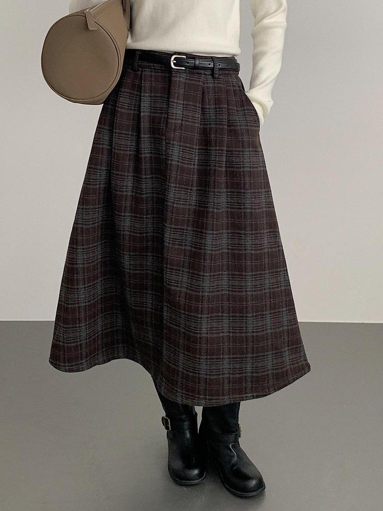 Ou Fan Retro Coffee Plaid Woolen Women's A-line Skirt, Autumn/Winter Slimming Long Skirt, Style 11071