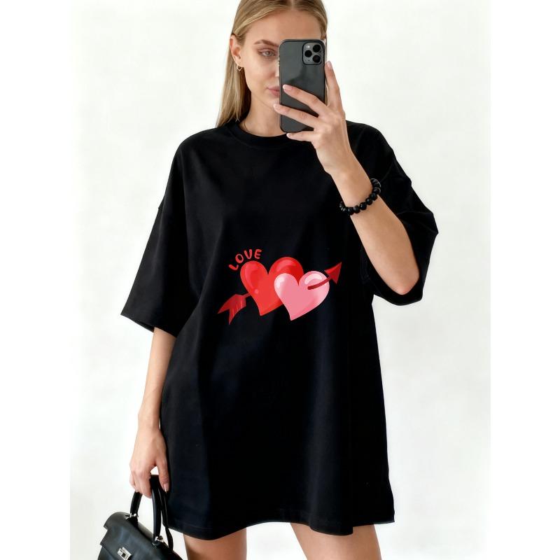 Oversized T Shirt Dress Black Love Hearts And Arrow Print For Casual Outfits