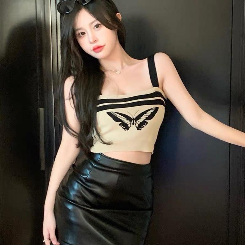New Summer Style with Bow Icing Silk Knitted Suspender Vest for Women's Sexy One-shoulder Strap Top