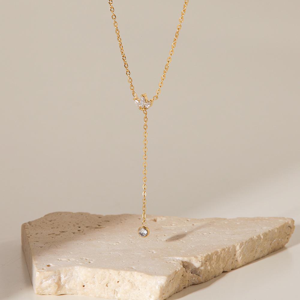 Women's French Style Titanium Steel Crown Pendant Necklace - 18K Gold with White Zircon