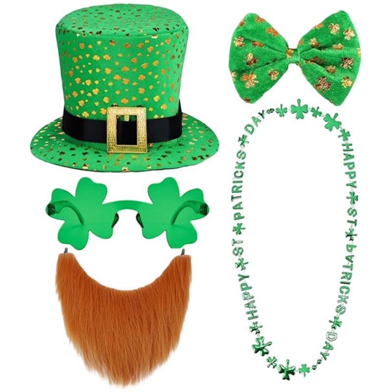 Saint Patrick Costume Set Leprechaun Hat Fakes Beard Mustache Tie Glasses for Party Costume Irish Festival Accessories