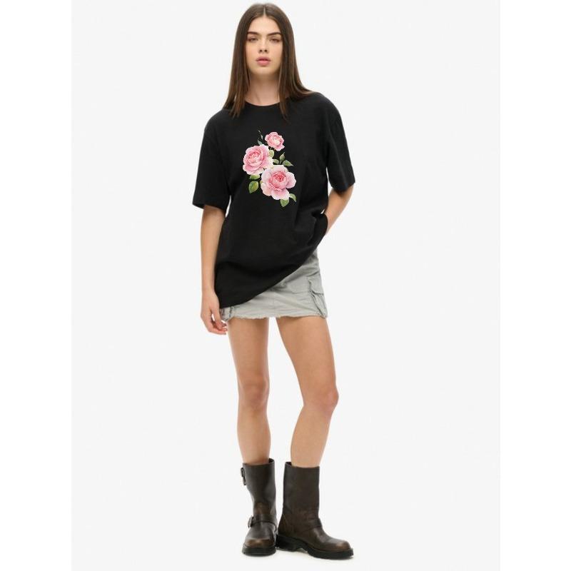 Oversized T-Shirt Black Rose Floral Print Casual Wear