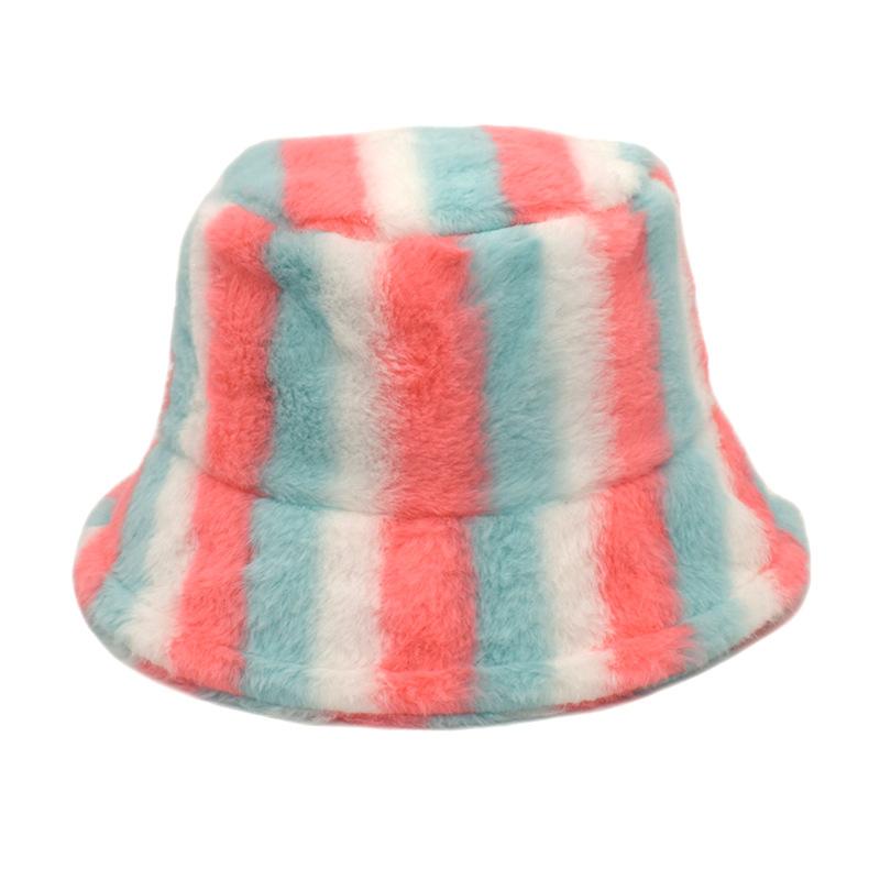 Unisex Bucket Hat Striped Women Men Fishing Fisherman Hat Autumn Winter Faux Fur Wool Outdoor Warm Panama Cap