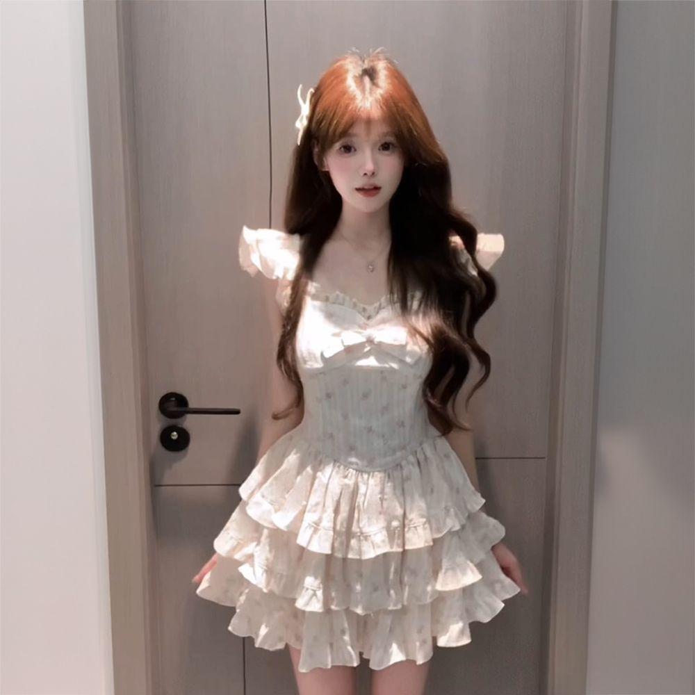 Summer Xiaofei Sleeve Design Dress Sweet and Gentle Cake Fluffy Dress Korean Version Pure Desire Short Skirt
