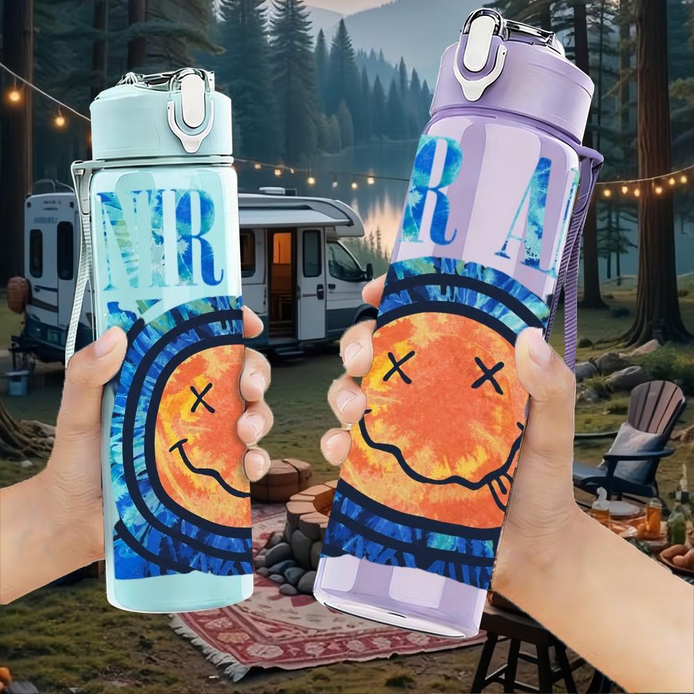 1PC Nirvana Blue Smiley Face 750ml sports water bottle leakproof straw lid outdoor office home