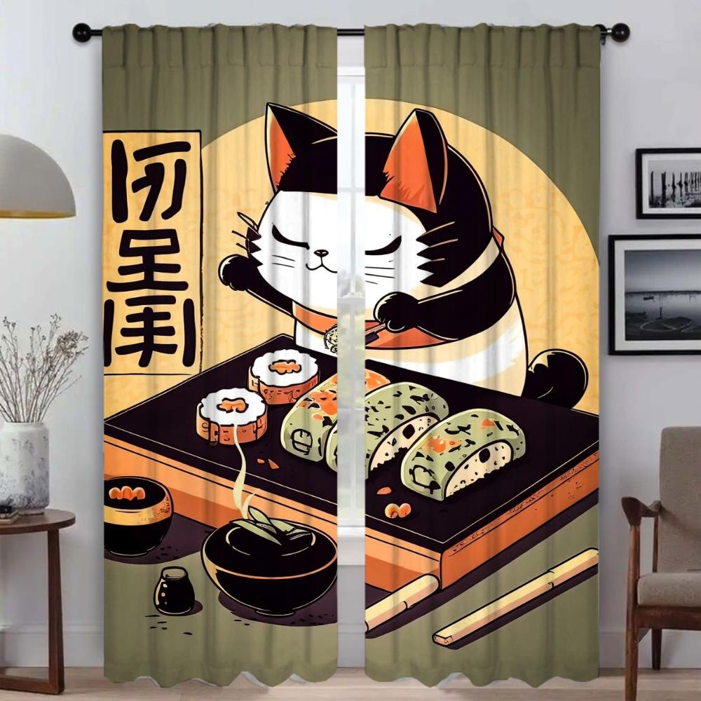 Sushi Cat Curtains for Bedroom Blackout Curtain for Room 2 Panel Shades Partition Halloween Decoration Home Interior Curtains