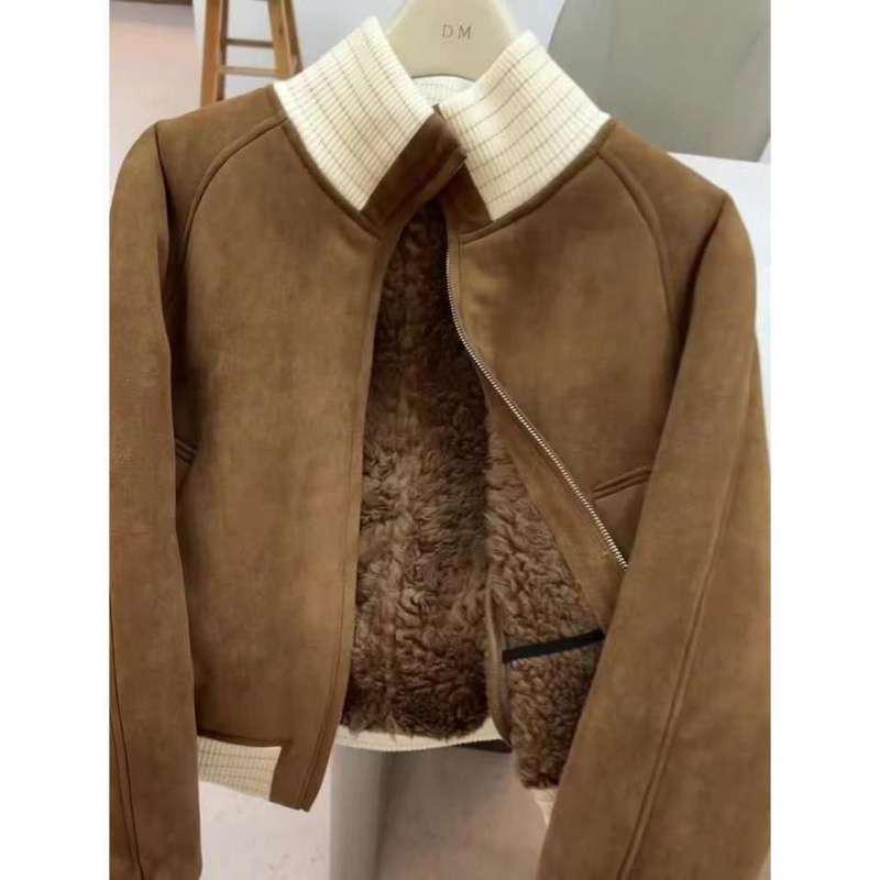 Women's Plus Velvet Stand Collar Jacket - 2026 Autumn/Winter Fashion, Loose Fit, Faux Lambswool Fleece