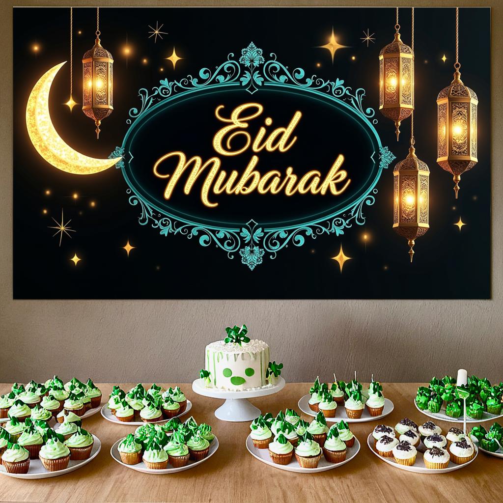 Reusable Floral moon Lanterns backdrop Eid banner for Religious observance Community events Children’s parties