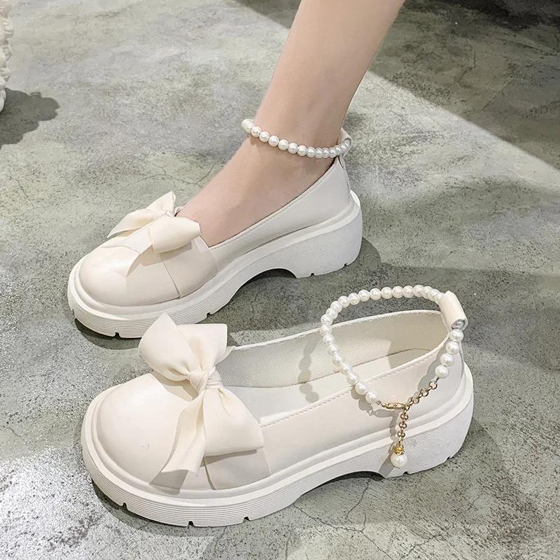 Fashion Women's Thick Platform Shoes Party Pumps Summer 2025 New Sandals Pearl Bow Chain Mujer Shoes Fashion Oxford Platform Loafers