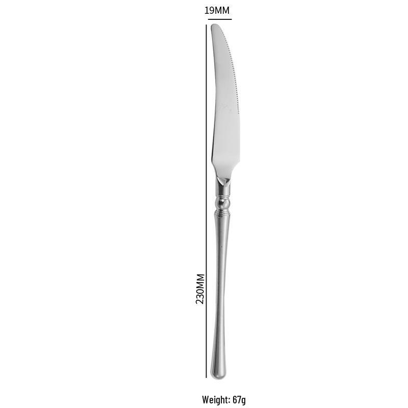 304 stainless steel cutlery set: knife, fork, spoon, steak knife, and coffee spoon.