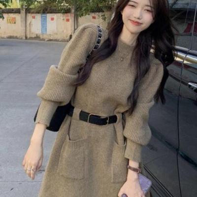 Vestido de Tricô Estilo Coreano Chique para Outono e Inverno - Cintura Afunilada, Camada Base Espessa