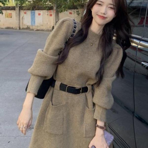 Chic Korean Style Knitted Sweater Dress for Autumn & Winter - Slimming Waist, Thick Base Layer