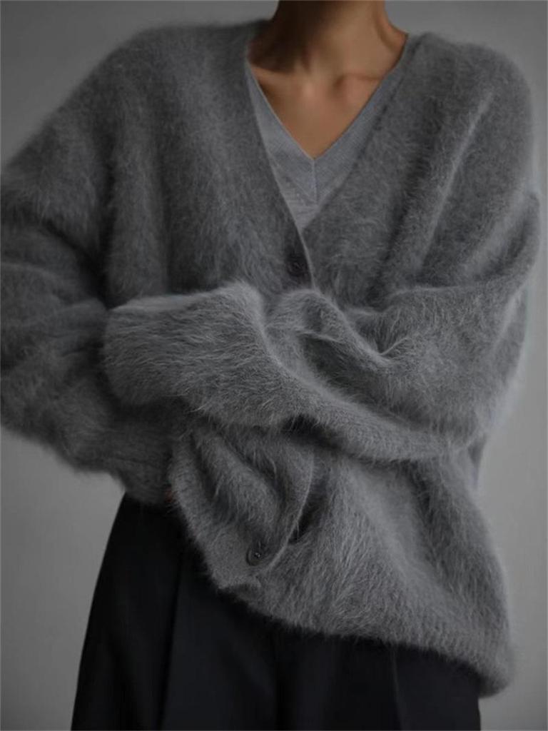 European and American Style Loose Fluffy Knit Cardigan V-Neck Long-Sleeve Imitation Mink Velvet Sweater Coat