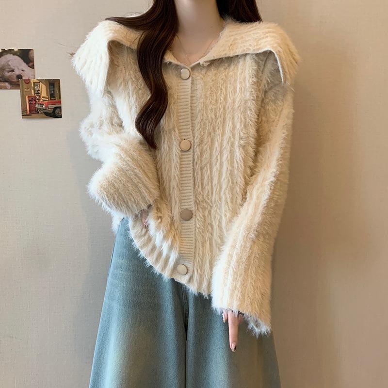

Large lapel button imitation mink knitted cardigan for women s autumn and winter new sweet and gentle wind coat for women One size абрикосовый