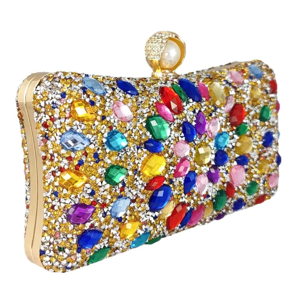Boutique De FGG Pearl Clasp Colorful Rhinestone Handbags Women Crystal Clutch Evening Bags Wedding Party Dinner Bridal Purse Bag