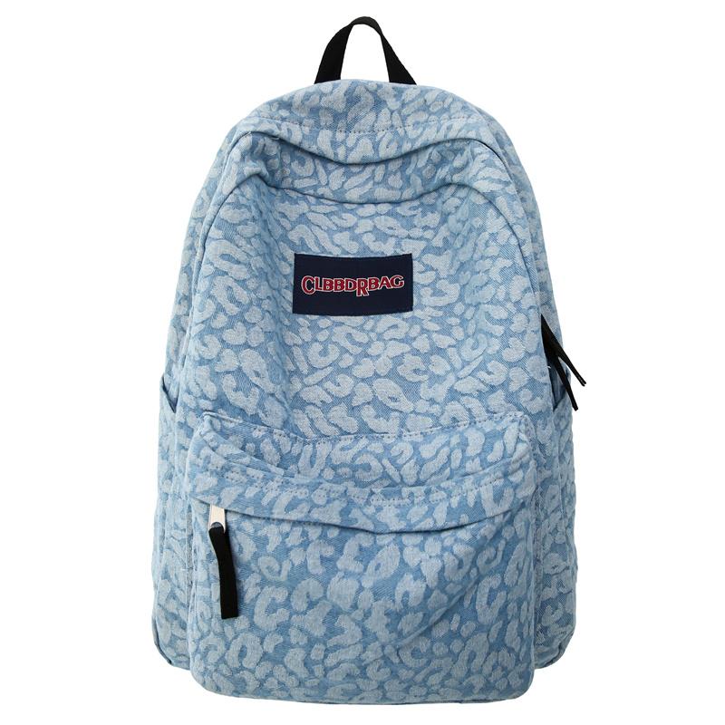 Leopard Print Denim Backpack Student Schoolbag Women Lightweight Backpack