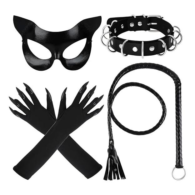 Halloween Mask New Women Lace Cat Ears Punk Style Set Necklace Choker Gloves Tail