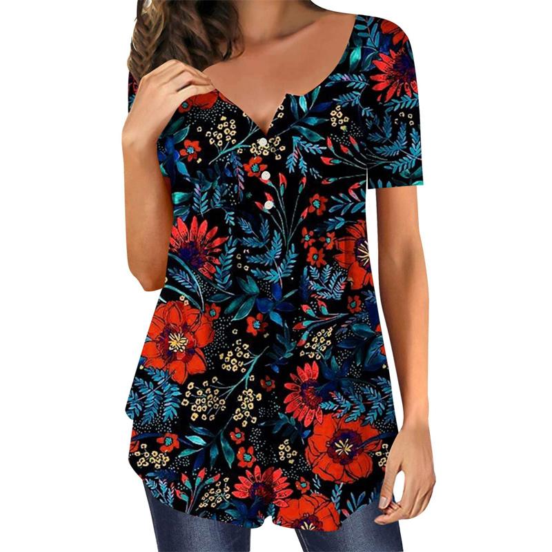 

Модные футболки с коротким рукавом с чернильным принтом, винтажная летняя футболка с цветочным воротником и 3D пуговицами 3XL