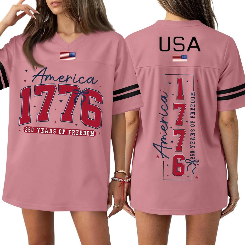 Women's Casual Fashion V-Neck Sports Independence Day Print Short Sleeve Sports T-Shirt Top