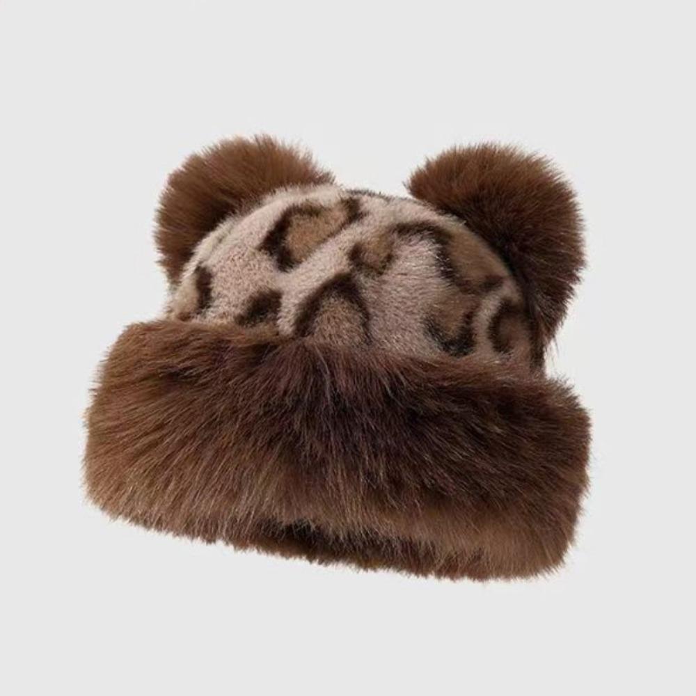 Korean Style Leopard Print Bucket Hat Brimless Mink Fur Fisherman Hat Bear Ears Plush Hat  Women Style 2