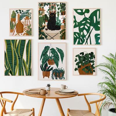 Cat With House Plants Botanical Monstera Wall Art Canvas Painting Nordic Posters And Prints Wall Pictures For Living Room Decor